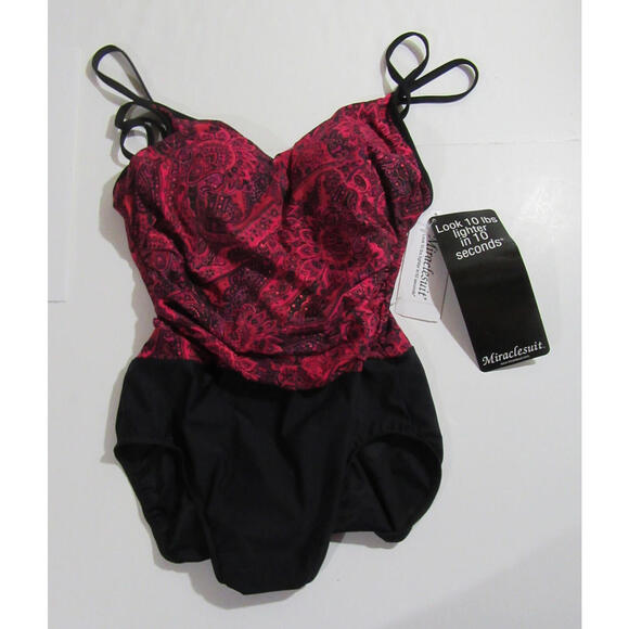 Miraclesuit Womens 1 Piece Swimsuit Red and Black Paisley Size 16 - Picture 1 of 5